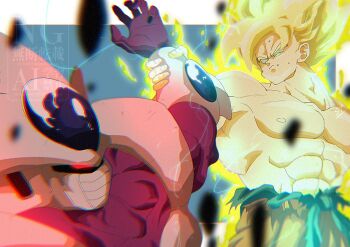 2boys aura blonde_hair colored_skin cooler_(dragon_ball) debris dragon_ball dragonball_z electricity green_eyes highres holding_another&#039;s_wrist male_focus medium_hair multiple_boys muscular muscular_male purple_skin simple_background son_goku spiked_hair stktik09060906 super_saiyan super_saiyan_1 topless_male