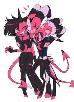 1girl 2boys :d ;d ^_^ arm_around_shoulder bare_shoulders black_coat black_gloves black_hair black_horns black_pants black_shirt blitzo_(helluva_boss) bow bowtie clenched_hands closed_eyes coat collarbone colored_sclera colored_skin colored_teeth crop_top cropped_shirt demon_boy demon_girl demon_horns demon_tail fangs fewer_digits fingerless_gloves freckles full_body gloves grin hair_between_eyes halterneck hellaverse helluva_boss highres horns husband_and_wife knees_together_feet_apart long_sleeves looking_at_another menma_(enaic31) midriff millie_(helluva_boss) moxxie_(helluva_boss) multicolored_horns multiple_boys off-shoulder_shirt off_shoulder one_eye_closed open_mouth pants red_bow red_bowtie red_shirt red_skin red_tail scar_across_eyes sharp_teeth shirt short_hair short_sleeves signature simple_background smile standing standing_on_one_leg striped_horns tail teeth toes tongue torn_clothes torn_pants traditional_bowtie two-tone_horns very_short_hair white_background white_hair white_horns white_shirt yellow_sclera yellow_teeth