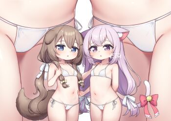 2girls alternate_costume animal_ear_fluff animal_ears artist_name azur_lane bell bikini blue_eyes bow breasts brown_hair cat_ears cat_girl cat_tail commentary_request commission crescent crescent_hair_ornament dog_ears dog_girl dog_tail fumizuki_(azur_lane) groin hair_ornament hair_ribbon hairclip hands_up jingle_bell kisaragi_(azur_lane) kokone_(coconeeeco) loli long_hair looking_at_viewer low-tied_sidelocks low_twintails multiple_girls multiple_views navel open_mouth paid_reward_available pink_eyes pink_hair red_bow ribbon side-tie_bikini_bottom sidelocks signature simple_background skeb_commission small_breasts string_bikini swimsuit tail tail_bell tail_bow tail_ornament thighs twintails very_long_hair white_background white_bikini white_ribbon
