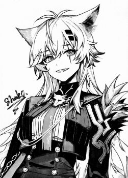 1girl absurdres aiguillette animal_ears arknights bolo_tie commentary greyscale grin hair_between_eyes hair_ornament hairclip highres jacket lappland_(arknights) lappland_the_decadenza_(arknights) long_hair looking_at_viewer monochrome scar scar_across_eye scar_on_face shako_xc signature smile solo upper_body wolf_ears wolf_girl