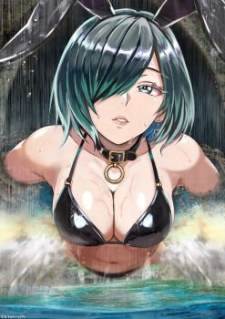 1girl absurdres akiishiguma bodysuit breasts cleavage collarbone commentary_request earrings green_eyes green_hair hair_over_one_eye highres jewelry large_breasts latex latex_bodysuit long_bangs looking_at_viewer open_mouth original playboy_bunny short_sleeves skin_tight solo swimsuit upper_body water