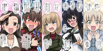 @_@ aki_(girls_und_panzer) black_hair blonde_hair blush commentary_request confession fang girls_und_panzer glasses highres katyusha_(girls_und_panzer) megi2009 multiple_girls nishi_kinuyo ooarai_school_uniform oryou_(girls_und_panzer) pov pravda_school_uniform rukuriri_(girls_und_panzer) salute school_uniform translation_request