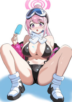 1girl :o absurdres bare_shoulders bikini black_bikini blue_archive blush boots breasts commentary eimi_(blue_archive) eimi_(swimsuit)_(blue_archive) food goggles goggles_on_head gubee halo highres holding holding_food holding_popsicle jacket large_breasts m_legs navel off_shoulder pink_eyes pink_hair pink_halo pink_jacket popsicle scarf solo spread_legs swimsuit white_background white_boots white_scarf
