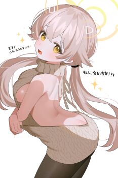 1girl absurdres alternate_breast_size_(larger) aran_sweater ass backless_outfit bare_back black_pantyhose blonde_hair blue_archive breasts butt_crack cable_knit commentary crossed_bangs double-parted_bangs hair_between_eyes hair_flaps halo hifumi_(blue_archive) highres large_breasts long_hair looking_at_viewer low_twintails median_furrow no_bra open_mouth pantyhose ribbed_sweater shoulder_blades shusuchii sideboob simple_background solo sweater symbol-only_commentary translation_request turtleneck turtleneck_sweater twintails virgin_killer_sweater white_background yellow_eyes