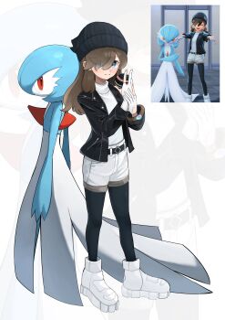 2girls absurdres alternate_color asymmetrical_gloves back-to-back beanie belt black_hat black_jacket black_pantyhose blue_eyes blue_hair blue_skin blush bob_cut brown_hair closed_mouth colored_skin eyes_visible_through_hair female_focus flat_chest from_side gardevoir gen_3_pokemon gloves hair_over_one_eye hands_up happy harmony_(pokemon) hat highres holding holding_poke_ball jacket jpeg_artifacts long_hair long_sleeves looking_at_another looking_at_viewer looking_back luxury_ball mega_stone multicolored_skin multiple_girls nintendo open_clothes open_jacket own_hands_together pantyhose partially_fingerless_gloves platform_shoes poke_ball pokemon pokemon_(creature) pokemon_legends:_z-a profile red_eyes screenshot_inset shiny_pokemon shirt shoes short_hair short_shorts shorts smile turtleneck turtleneck_shirt two-tone_skin uneven_gloves white_background white_gloves white_shirt white_shoes white_shorts white_skin wide_sleeves yofo zoom_layer