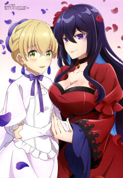2girls absurdres asymmetrical_docking black_choker black_hair blonde_hair blush breast_press breasts capelet choker cleavage closed_mouth collarbone constance_grail copyright_name copyright_notice cowboy_shot crossed_bangs dress earrings elbow_gloves eris_no_seihai falling_petals gloves gradient_background green_eyes hair_between_eyes highres holding_hands jewelry kawaguchi_chie large_breasts long_hair long_sleeves looking_at_viewer magazine_scan megami_magazine multiple_girls nape_braid nervous_smile official_art parted_lips pendant_choker petals pink_background pointy_ears puffy_long_sleeves puffy_sleeves purple_eyes purple_petals red_dress red_petals scan scarlet_castiel shiny_skin short_hair sidelocks small_breasts smile sweatdrop third-party_source white_capelet white_dress white_gloves wide_sleeves