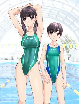 Rule 34 | 2girls, absurdres, armpits, arms behind head, black hair, cameltoe, clothes writing, commentary request, competition swimsuit, covered navel, feet out of frame, glass ceiling, green one-piece swimsuit, grey eyes, highleg, highleg one-piece swimsuit, highres, indoors, lane line, long hair, low twintails, multiple girls, one-piece swimsuit, original, pool, short hair, siblings, sisters, string of flags, swimsuit, takafumi, twintails, two-tone swimsuit, variant set