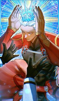 1boy archer_(fate) blue_crown chaldea_uniform coat code3755 covered_abs crown dark-skinned_male dark_skin fate/grand_order fate_(series) grand_servant_(fate/grand_order) highres holding holding_crown male_focus pointed_crown pov red_coat spiked_hair toned toned_male watermark white_hair