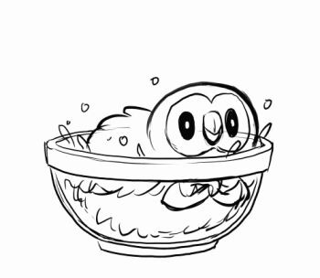 animal_focus animated animated_gif bathing bird bowl coelasquid gen_7_pokemon greyscale lowres monochrome nintendo no_humans owl pokemon pokemon_(creature) pokemon_sm rowlet simple_background sketch splashing white_background