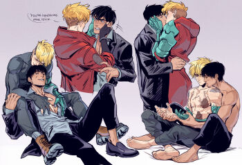 2boys barefoot black_hair black_pants black_shoes blonde_hair boots clenched_teeth closed_eyes closed_mouth coat collared_shirt english_text frown gloves grey_background grey_pants grey_shirt hand_on_another's_face hands_on_another's_face hashtag-only_commentary holding_hands hood hooded_coat kaysd999 kiss looking_at_another looking_up male_focus multiple_boys multiple_views nicholas_d._wolfwood pants partially_fingerless_gloves partially_open_shirt prosthesis prosthetic_arm red_coat scar scar_on_chest scars_all_over shirt shoes simple_background sitting speech_bubble teeth too_many topless_male trigun trigun_stampede vash_the_stampede yaoi