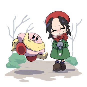 Rule 34 | 1girl, adeleine, beret, black hair, black socks, brown shoes, closed eyes, colored skin, gloves, hat, highres, kirby, kirby (series), kirby 64, nintendo, pink skin, poyo party, red hat, red scarf, scarf, shoes, socks, winter clothes, yellow scarf
