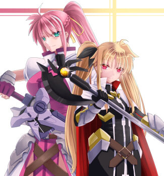 Rule 34 | 2girls, ahoge, arm guards, armor, bardiche (nanoha), black gloves, breasts, cape, closed mouth, commentary request, cropped jacket, fate testarossa, fingerless gloves, glint, gloves, green eyes, hair between eyes, halberd, high collar, high ponytail, holding, holding polearm, holding sword, holding weapon, laevatein (nanoha), large breasts, long hair, long sidelocks, looking at viewer, lyrical nanoha, mahou shoujo lyrical nanoha, multiple girls, partially shaded face, pink gloves, polearm, ponytail, red cape, red eyes, short sleeves, sidelocks, signum, simple background, small breasts, smile, sougetsu izuki, sword, tassets, twintails, upper body, weapon