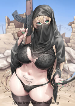 1girl assault_rifle black_bra black_thighhighs blonde_hair blue_sky bra breasts chinese_commentary cowboy_shot destruction goddess_of_victory:_nikke green_eyes green_nails gun hair_between_eyes highres hijab holding holding_gun holding_weapon kalashnikov_rifle large_breasts looking_at_viewer magazine_(weapon) mask meme naidong_(artist) nail_polish outdoors patreon_username rifle rubble rupee_(nikke) selfie selfie_stick shell_casing skindentation sky solo thick_thighs thighhighs thighs trigger_discipline underwear utility_pole veil weapon