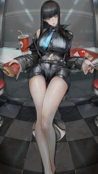 1girl absurdres bare_legs black_hair black_jacket black_nails black_shirt black_shorts blue_necktie blunt_bangs breasts burger buttons commentary_request covered_erect_nipples drink feet_out_of_frame fingernails fisheye food french_fries grey_eyes highres holding holding_burger holding_food indoors jacket large_breasts leaning_back leather leather_jacket legs licking_lips long_hair looking_at_viewer navel navel_piercing necktie nipple_piercing open_clothes open_jacket original partially_unbuttoned piercing reflection shirt short_shorts shorts sidelocks sitting soleil_(soleilmtfbwy03) solo stool thighs tile_floor tiles tongue tongue_out zipper