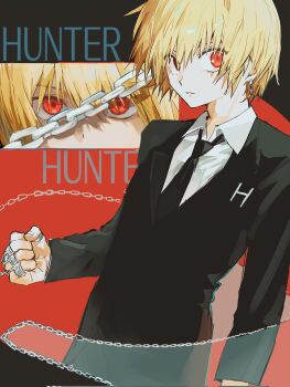 1boy black_necktie black_suit blonde_hair collared_shirt copyright_name earrings formal_clothes hand_chains highres hunter_x_hunter jacket jewelry kurapika looking_at_viewer male_focus necktie parted_lips red_eyes sevenlistening shirt solo suit suit_jacket teeth upper_body white_shirt