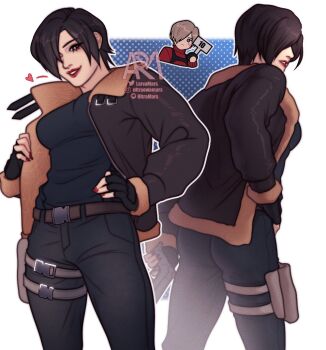 ada_wong ada_wong_(cosplay) artist_name black_gloves black_hair black_pants black_shirt blonde_hair blue_background border breasts brown_coat chest_harness coat cosplay cow dress fingerless_gloves fur-trimmed_coat fur_trim gloves gun hair_over_one_eye harness holding holding_gun holding_weapon holster instagram_username larvamarssz leon_s._kennedy leon_s._kennedy_(cosplay) medium_breasts nail_polish pants parted_lips red_dress red_lips red_nails resident_evil resident_evil_4 resident_evil_4_(remake) shirt short_hair smile sweater sweater_dress thigh_holster turtleneck turtleneck_dress twitter_username weapon white_border