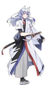 Rule 34 | 1boy, absurdres, animal ears, artist request, belt, blue eyes, closed mouth, colorful peach, dnq (colorful peach), fox boy, fox ears, full body, grey hair, hakama, hakama pants, heterochromia, highres, japanese clothes, long hair, looking at viewer, male focus, official art, pants, red eyes, scabbard, sheath, simple background, smile, solo, standing, sword, transparent background, weapon, white belt