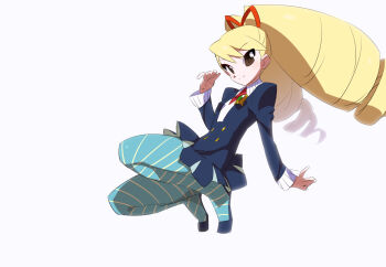 Rule 34 | 1girl, blonde hair, blue dress, blue pantyhose, closed mouth, commentary request, dress, drill hair, eyes visible through hair, kaidou zx, long hair, luna platz (mega man), mega man (series), mega man star force (series), midair, pantyhose, shirt, simple background, smile, solo, twin drills, white shirt