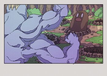 bush diglett dirt extra_arms gen_1_pokemon highres hole machamp muscular nintendo no_humans o_o onamuzi_illust outdoors pokemon pokemon_(creature) pokemon_focus scared
