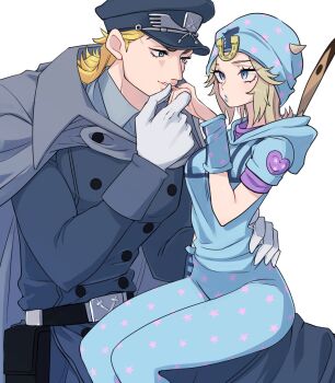 1boy 1girl belt blonde_hair blue_eyes blush breasts cape closed_mouth diego_brando genderswap genderswap_(mtf) gloves hat highres hood hoodie johnny_joestar jojo_no_kimyou_na_bouken lips lipstick makeup medium_hair pants simple_background solo star_(symbol) star_print steel_ball_run white_background white_gloves yuki_jj