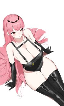 1girl alternate_costume arm_support black_gloves black_leotard black_thighhighs black_tiara blush breasts cleavage collarbone commentary cowboy_shot curvy elbow_gloves english_commentary from_above gloves highres hololive hololive_english large_breasts leotard long_hair mole mole_on_collarbone mole_on_thigh mori_calliope mulhubs parted_bangs parted_lips pink_eyes pink_hair simple_background solo thick_thighs thighhighs thighs tiara virtual_youtuber white_background