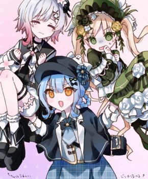 3girls :d @_@ beret bird_hat_ornament black_bag black_capelet black_choker black_dress black_flower black_hat black_rose black_shoes blonde_hair bloomers blue_necktie blue_skirt bonnet braid braided_hair_rings capelet carrying carrying_multiple_people carrying_person choker closed_eyes commentary_request deerstalker detective dress earrings flower flower-trimmed_dress frilled_dress frills gradient_hair green_bonnet green_dress green_eyes hair_ornament hair_rings haruno_ichigo hat hat_flower highres jewelry lolita_fashion magical_girl mahou_shoujo_no_majo_saiban multicolored_hair multiple_girls necktie one_armed_carry open_mouth orange_eyes pink_hair plaid_clothes plaid_skirt rose sakuraba_ema scared shirt shoes short_hair simple_background skirt smile socks tachibana_sherry tearing_up thigh_strap tono_hanna translated twintails underwear white_bloomers white_flower white_hair white_rose white_shirt white_socks x_hair_ornament yellow_flower yellow_rose