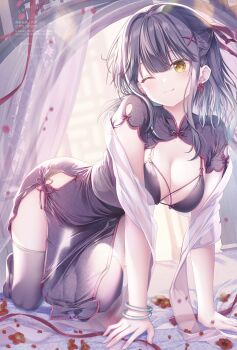 Rule 34 | 1girl, ;p, absurdres, all fours, aqua hair, bed, black dress, black hair, black thighhighs, breasts, cleavage, commentary request, curtains, dress, gradient hair, hair between eyes, hair ornament, highres, long hair, looking at viewer, medium breasts, multicolored hair, nanami yuuno, one eye closed, original, petals, sidelocks, solo, sousouman, thighhighs, tongue, tongue out, twinbox school, two-tone hair, underwear, x hair ornament, yellow eyes