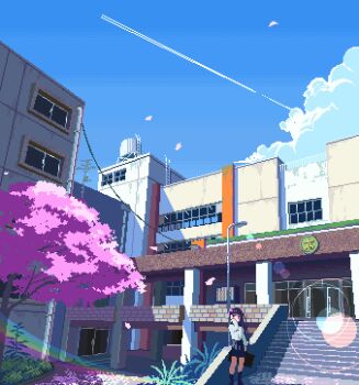 1girl adjusting_hair animated animated_gif bag blue_sky building cherry_blossoms cloud contrail cumulonimbus_cloud falling_petals kuuchuu_roukaku lamppost lens_flare long_hair long_sleeves looping_animation original petals pixel_art purple_hair scenery school school_bag shirt skirt sky solo stairs standing tree water_tank white_shirt wide_shot wind