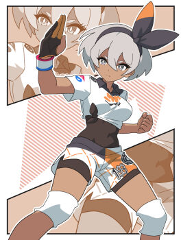 1girl bea_(pokemon) black_bodysuit black_hairband bodysuit bodysuit_under_clothes bow_hairband breasts closed_mouth commentary_request dark-skinned_female dark_skin gloves grey_eyes grey_hair hair_between_eyes hairband highres kanbei_(pixiv11037490) knee_pads medium_breasts nintendo pokemon pokemon_swsh print_shirt print_shorts shirt short_hair short_sleeves shorts side_slit side_slit_shorts single_glove tied_shirt wristband
