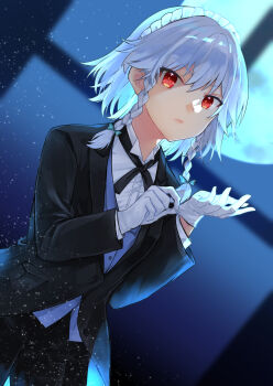 1girl :/ adjusting_clothes adjusting_gloves alternate_costume black_jacket black_pants black_ribbon blazer blue_vest braid butler closed_mouth commentary_request cross_tie crossdressing crossdressing_(ftm) expressionless female_butler full_moon gloves green_ribbon grey_hair hair_ribbon highres izayoi_sakuya jacket light_particles lips long_sleeves looking_at_viewer maid_headdress minatsuki_yurara moon pants red_eyes ribbon shirt short_hair solo touhou tress_ribbon twin_braids upper_body vest white_gloves white_hair white_shirt window