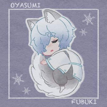 1boy chibi chibi_only closed_eyes commentary_request conachun eyelashes fubuki_(rune_factory) full_body grey_hair hair_over_one_eye highres hugging_own_tail hugging_tail male_focus open_mouth outline purple_background rune_factory rune_factory:_guardians_of_azuma short_hair sleeping snowflakes solo tail white_outline