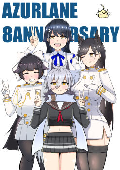 4girls absurdres animal_ears anniversary atago_(azur_lane) azur_lane bird black_hair black_pantyhose black_skirt black_thighhighs blush breasts brown_eyes choukai_(azur_lane) cowboy_shot dog_ears double_v extra_ears grey_hair hair_between_eyes hair_ornament hair_ribbon highres holding java_sparrow large_breasts long_hair long_sleeves looking_at_viewer maya_(azur_lane) military_uniform mole mole_under_eye multiple_girls nekokofun open_mouth pantyhose pleated_skirt ribbon scarf school_uniform short_hair skirt smile takao_(azur_lane) thighhighs v white_background white_hair white_java_sparrow white_ribbon white_scarf white_skirt yellow_eyes