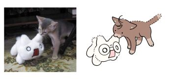 ahoge animal_earrings animalization ayase_momo biting biting_ear cat dandadan glasses no_humans open_mouth reference_inset reference_photo round_eyewear takakura_ken_(dandadan) white_background wide-eyed y8brass