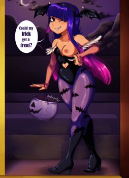 1girl absurdres animal_print badlavender bare_shoulders bat_print bat_wings black_boots black_nails blush boots breasts bridal_gauntlets clothing_cutout collarbone cosplay crescent_moon cutout darkstalkers english_text eyebrows_hidden_by_hair female_focus fur_trim glitch_techs grin hairband halloween head_wings heart_cutout high_heel_boots high_heels highres knee_boots leotard long_hair looking_at_viewer medium_breasts miko_kubota moon morrigan_aensland morrigan_aensland_(cosplay) multicolored_hair nail_polish navel_cutout night nipples one_breast_out one_eye_closed outdoors pantyhose pink_hair purple_hair sidelocks smile solo teeth two-tone_hair wide_hips wings wink