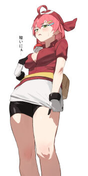 1girl adjusting_skirt ahoge bandana bike_shorts bike_shorts_under_shorts black_shorts blush breasts commentary_request cosplay cowboy_shot fanny_pack gloves green_eyes hair_ornament hairclip highres hololive looking_at_viewer may_(pokemon) may_(pokemon)_(cosplay) medium_breasts medium_hair nintendo open_clothes open_mouth open_shirt pink_hair poke_ball pokemon red_bandana red_shirt sakura_miko shirt short_sleeves shorts sidelocks simple_background skirt solo standing sweatdrop talking translation_request uzuradobin virtual_youtuber white_background white_shorts white_skirt