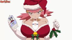 1girl animated artist_name bare_shoulders bikini blush bottle breasts christmas cleavage drinking drinking_straw ethan_(pokemon) eyelashes gen_2_pokemon gloves gym_leader hat large_breasts looking_at_viewer markbox milk milk_bottle milk_carton miltank mistletoe moomoo_milk nintendo object_on_breast pink_eyes pink_hair pokemon pokemon_hgss santa_bikini santa_costume santa_hat swimsuit upper_body video white_background whitney_(pokemon)