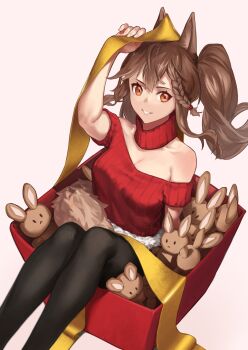 1girl alternate_costume angelina_(arknights) animal_ears arknights bare_shoulders black_pantyhose box braid breasts brown_hair cleavage collarbone detached_collar feet_out_of_frame fox_ears highres in_box in_container long_hair looking_at_viewer medium_breasts mkrk_mikaerukung off-shoulder_sweater off_shoulder pantyhose red_eyes red_sweater short_sleeves side_braid simple_background sitting solo stuffed_animal stuffed_rabbit stuffed_toy sweater twintails white_background