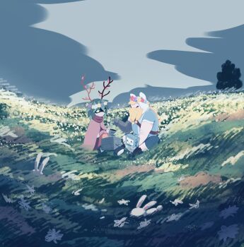 adventure_time adventure_time:_fionna_and_cake black_mask blonde_facial_hair blonde_hair bmo brown_headscarf colored_sclera colored_skin eye_mask facial_hair finn_the_human green_sclera green_skin hair_branch hat hat_with_ears headscarf highres huntress_wizard mask mechanical_arms neptr on_grass phuongdp0376 plant_hair purple_tunic rabbit_ear_hat single_mechanical_arm tunic