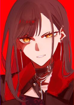 1girl black_choker black_hair choker chromatic_aberration colored_inner_hair commentary hashtag-only_commentary highres long_hair multicolored_hair open_mouth orange_eyes portrait project_sekai red_background red_hair shiraishi_an simple_background sirakokenn_625 solo whip_the_wimp_girl!!_(project_sekai)