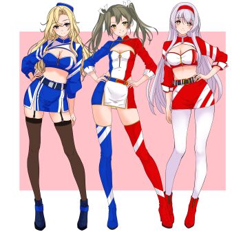 Rule 34 | 3girls, absurdres, alternate costume, black thighhighs, blonde hair, blue hat, blue shrug, blue skirt, blue tube top, breasts, cleavage cutout, clothing cutout, commentary request, garter straps, green hair, hairband, hat, highres, hornet (kancolle), kantai collection, large breasts, long hair, midriff, mini person, minigirl, mismatched thighhighs, multicolored skirt, multiple girls, nitamako (sakamalh), race queen, red hairband, red shrug, red skirt, red tube top, shoukaku (kancolle), shrug (clothing), skirt, small breasts, strapless, thighhighs, tube top, twintails, two-tone shirt, white hair, zuikaku (kancolle)