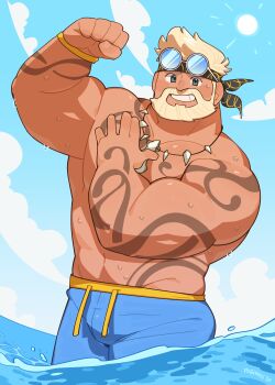 1boy absurdres bara beard bulge cowboy_shot day facial_hair full_beard goggles goggles_on_head grin highres jewelry large_pectorals looking_at_viewer male_focus marvel marvel_rivals mature_male muscular muscular_male necklace ocean official_alternate_costume pectorals short_hair smile solo standing strongman_waist sun thick_beard thick_eyebrows thor_(marvel) tooth_necklace topless_male water wet yogireji