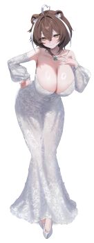 1girl absurdres ahoge animal_ears bear_ears bear_girl breasts brown_hair cleavage detached_sleeves dress hand_on_own_chest high_heels highres krabking large_breasts looking_at_viewer multicolored_hair original short_hair simple_background solo streaked_hair white_background white_dress white_hair yellow_eyes