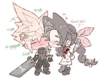1boy 1girl :3 aerith_gainsborough armor arms_behind_back bangle belt black_gloves black_pants black_shirt blonde_hair blush boots bracelet braid braided_ponytail brown_belt brown_boots brown_hair buster_sword chibi chibi_only closed_eyes cloud_strife commentary couple crossed_bandaids dress ear_blush english_commentary final_fantasy final_fantasy_vii final_fantasy_vii_remake gloves hair_between_eyes hair_ribbon healing hetero highres holding holding_staff holding_sword holding_weapon jacket jewelry kiss kissing_cheek long_dress long_hair mmmckayyy multiple_belts pants parted_bangs pauldrons pink_dress pink_ribbon red_jacket ribbon shirt short_hair short_sleeves shoulder_armor sidelocks single_pauldron spiked_hair staff suspenders sword weapon white_background