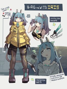 Rule 34 | 1girl, absurdres, arrow (symbol), black shorts, breasts, bright pupils, brown pantyhose, cleavage, closed mouth, collarbone, dagger, drooling, english text, gloves, grey gloves, highres, jacket, knife, large breasts, lollipop in mouth, long hair, long sleeves, looking at viewer, medium hair, mouth drool, open mouth, original, pantyhose, parted lips, ponytail, short twintails, shorts, solo, speech bubble, tail, togekk0, twintails, weapon, white pupils, yellow jacket, zipper