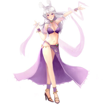1girl alternate_color animal_ears arm_up bangle bikini bikini_skirt black_sandals bracelet breasts commentary_request dancer_(ragnarok_online) full_body gem gobaku_no_hito green_gemstone grey_hair high_heel_sandals jewelry long_hair looking_at_viewer medium_breasts navel necklace open_mouth purple_bikini purple_eyes rabbit_ears rabbit_girl ragnarok_masters ragnarok_online sandals shawl simple_background solo standing swimsuit white_background