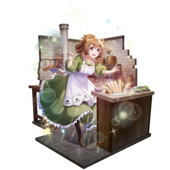 1girl animal_ears apron artist_request boots bread breasts brown_boots brown_hair brown_pants candle candlelight collarbone cooking dress eyelashes folded_hair food frilled_dress frills full_body game_cg green_dress hair_between_eyes indoors kitchen lettuce light_particles long_dress looking_at_object medium_breasts medium_hair official_alternate_costume official_art open_mouth pants pants_under_dress pink_eyes raccoon_ears raccoon_girl raphtalia sandwich simple_background solo sparkle tate_no_yuusha_no_nariagari tate_no_yuusha_no_nariagari_rerise three-quarter_sleeves tomato transparent_background white_apron wide-eyed wide_mouth