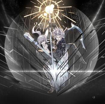 1boy 1girl absurdres armor bad_id bad_pixiv_id bare_shoulders black_gloves blue_eyes club3 commentary commentary_request dark_background final_fantasy final_fantasy_xiv gloves glowing high_heels highres holding holding_weapon lens_flare looking_at_viewer medium_hair omega-f omega-m omega_(final_fantasy) pale_skin ponytail red_eyes serious silver_hair spiked_hair staff sword weapon