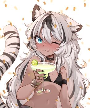 1girl ;q animal_ears bikini black_bikini black_hair black_nails blue_eyes blush bracelet cocktail cocktail_glass confetti cup dark-skinned_female dark_skin drinking_glass fingernails gaomi_goro gold_bracelet highres jewelry licking_lips long_hair looking_at_viewer margarita melon-fox multicolored_hair navel one_eye_closed sharp_fingernails simple_background stellarversepro stomach swimsuit tail tiger_ears tiger_girl tiger_tail tongue tongue_out two-tone_hair virtual_youtuber white_background white_hair