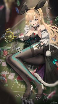 Rule 34 | 1girl, 96mako, :d, absurdres, ace (playing card), ace of hearts, animal ears, ass, bare shoulders, black bow, black bowtie, black gloves, black hairband, black leotard, black pantyhose, blonde hair, blurry, blurry background, bow, bowtie, braid, breasts, card, casino, cleavage, detached collar, detached sleeves, diamond (shape), fake animal ears, fake tail, full body, fur trim, gloves, green eyes, hairband, half gloves, heart, heaven burns red, high heels, highres, holding, holding card, large breasts, leotard, long hair, looking at viewer, lying, medium breasts, on side, on table, open mouth, pantyhose, playboy bunny, playing card, poker chip, ponytail, rabbit ears, rabbit tail, shoes, smile, solo, solo focus, strapless, strapless leotard, table, tail, thighband pantyhose, toujou tsukasa, waist cape, white sleeves