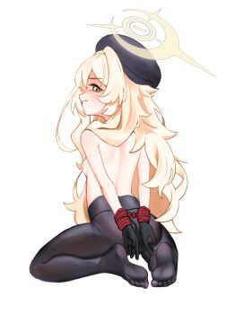 1girl absurdres arms_behind_back ass back bare_back black_gloves black_pantyhose blonde_hair blue_archive blush bound bound_wrists breasts closed_mouth feet fluffy_hair from_behind frown full_body gloves hair_between_eyes hair_over_shoulder halo highres kensiejan knees_apart_feet_together loli long_hair looking_at_viewer looking_back nipples no_shoes pantyhose professor_niyaniya_(blue_archive) profile sidelocks sideways_glance simple_background sitting small_breasts soles solo toes topless_female v-shaped_eyebrows very_long_hair wariza white_background yellow_halo